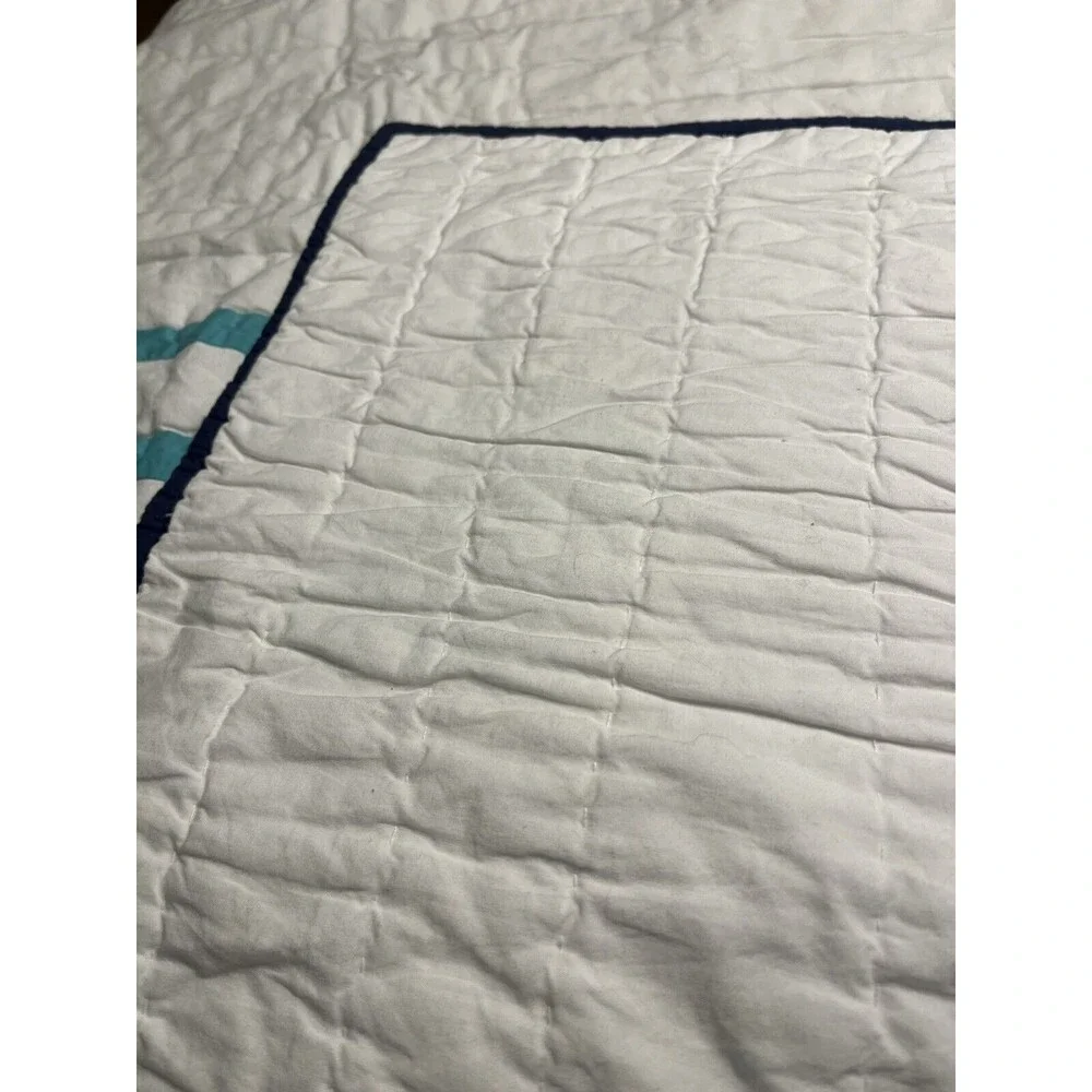 Pottery Barn Kids Hamptons Whale White Teal Baby Blue Toddler Crib Quilt 36x50”
